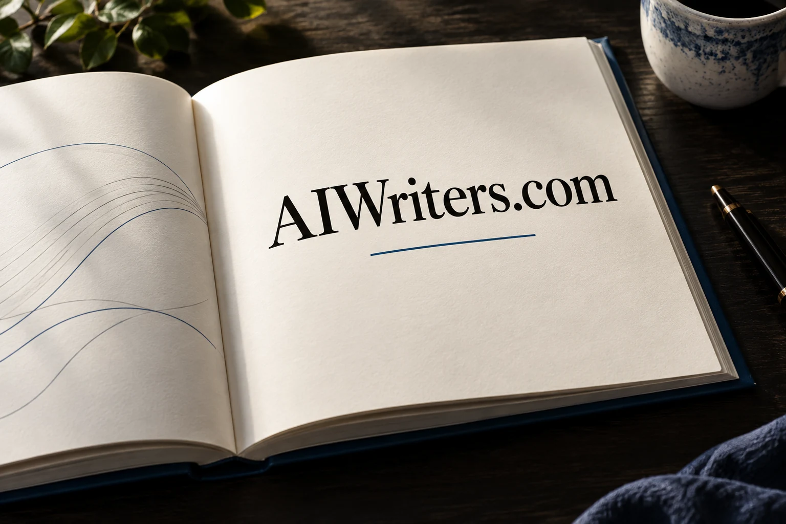 An open AIWriters.com book on a warm editorial desk